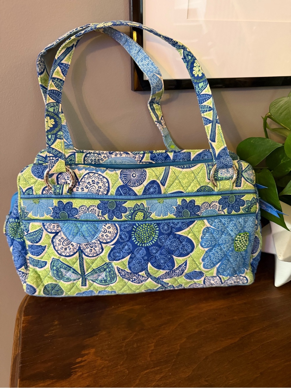 Retired Vera Bradley “Doodle Daisy” Blue & Green Quilted Shoulder Bag